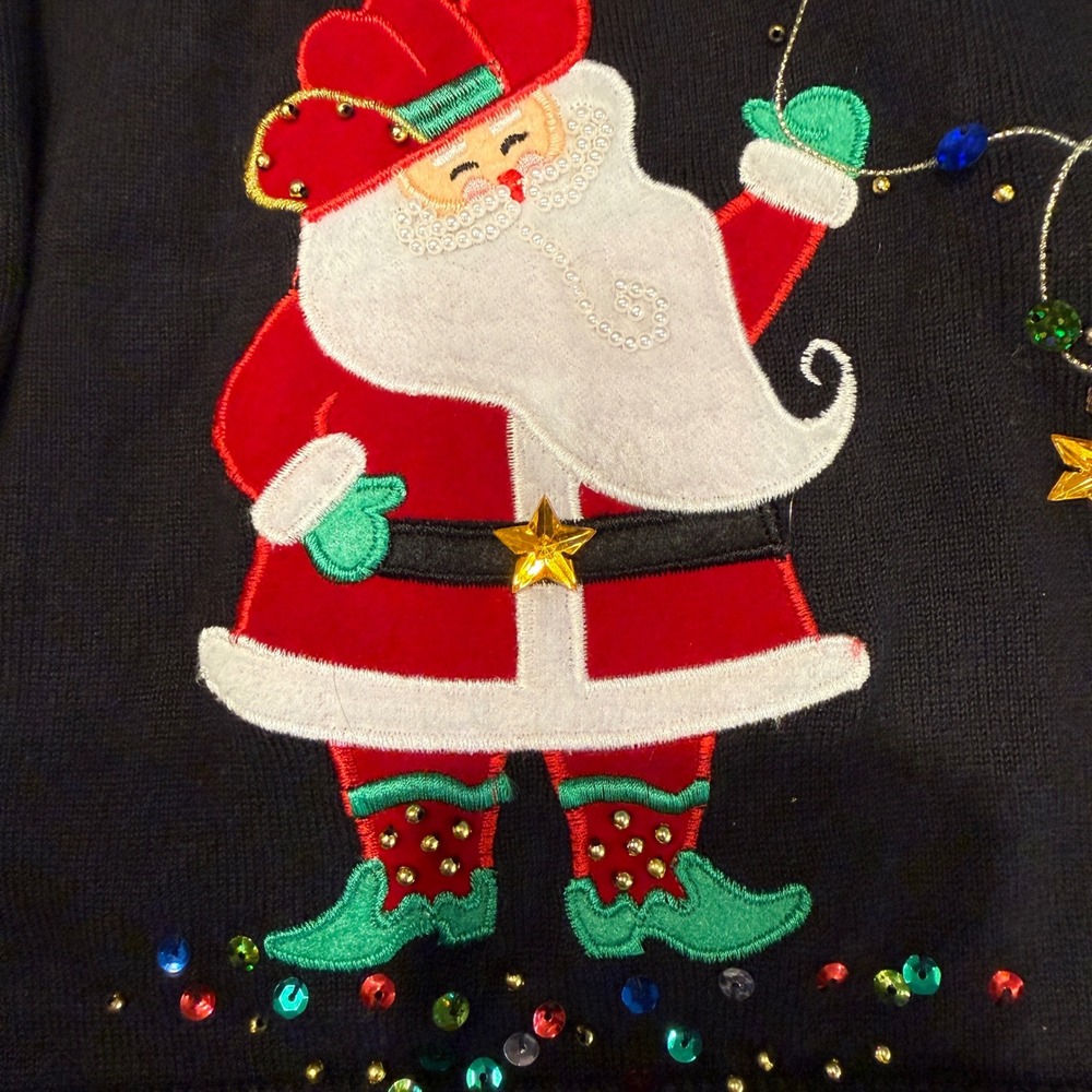 Black Zip Up Ugly Christmas Sweater Santa Reindeer Sequins Women Size L - Picture 2 of 5